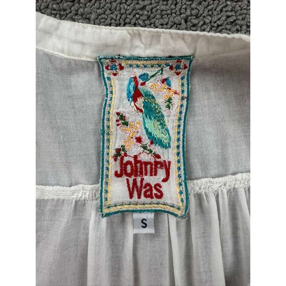 Johnny Was Tunic Top Women S White Sheer Eyelet Embroidery Scallop Hem V Neck - Picture 3 of 6